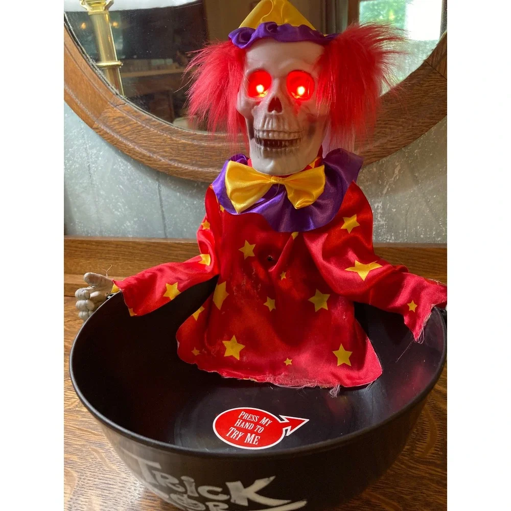 Animated Skeleton Clown Halloween Candy Bowl Light Up Red Eyes Sound Sensor